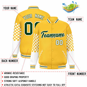 Custom Gold Green-White Checkered Pattern Color Block Bomber Varsity Jacket