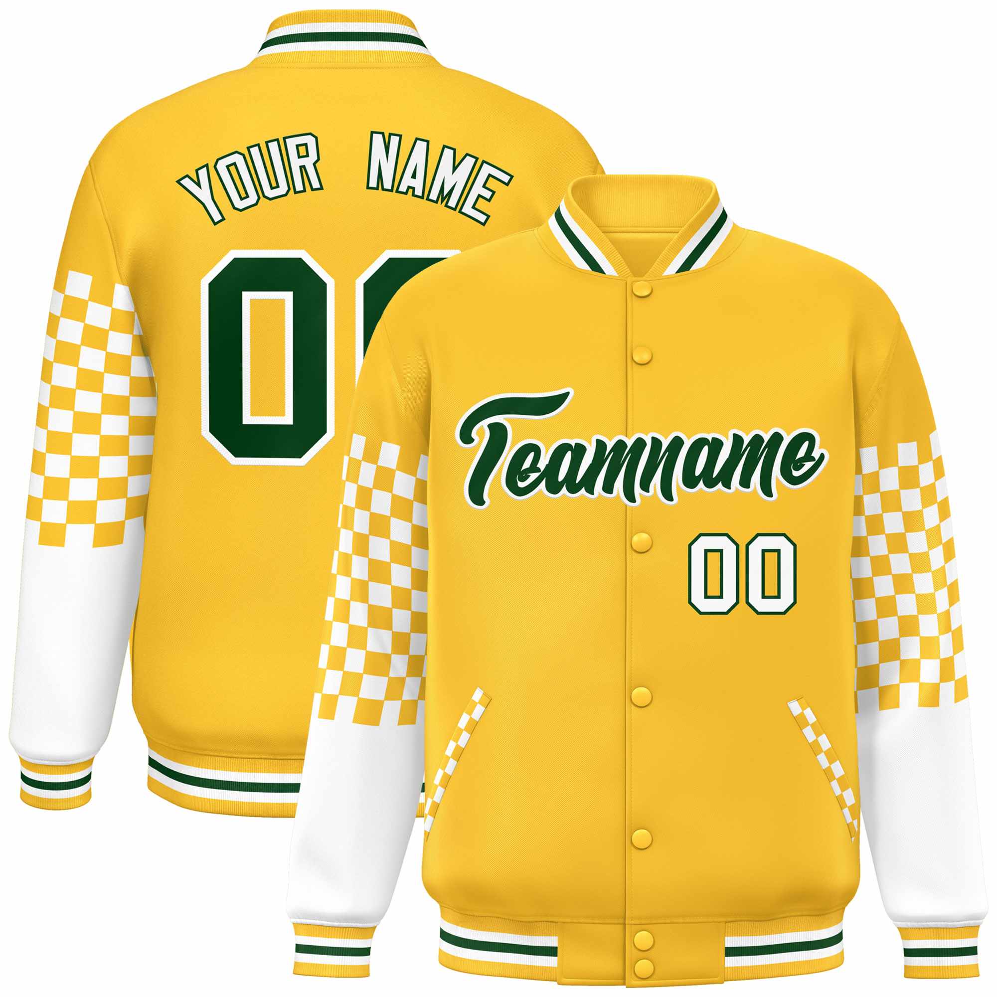 Custom Gold Green-White Checkered Pattern Color Block Bomber Varsity Jacket