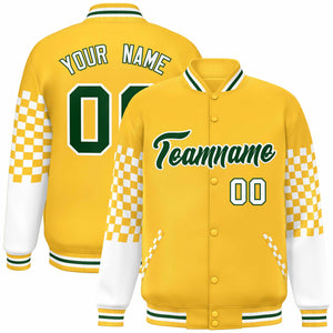 Custom Gold Green-White Checkered Pattern Color Block Bomber Varsity Jacket