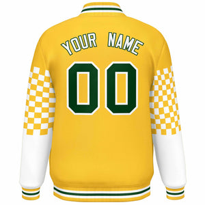 Custom Gold Green-White Checkered Pattern Color Block Bomber Varsity Jacket