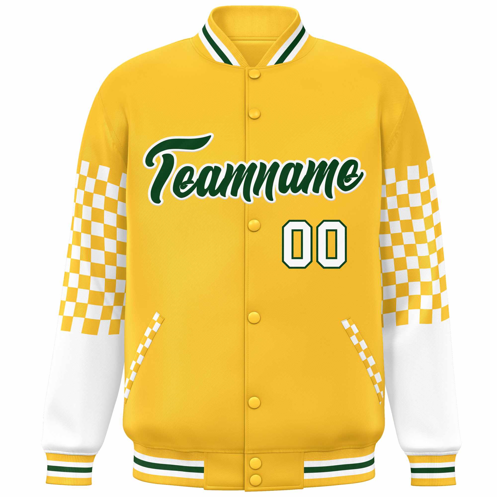 Custom Gold Green-White Checkered Pattern Color Block Bomber Varsity Jacket