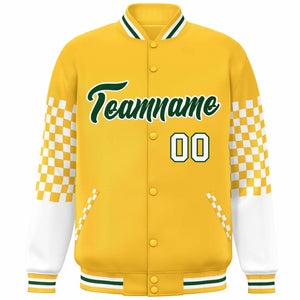 Custom Gold Green-White Checkered Pattern Color Block Bomber Varsity Jacket