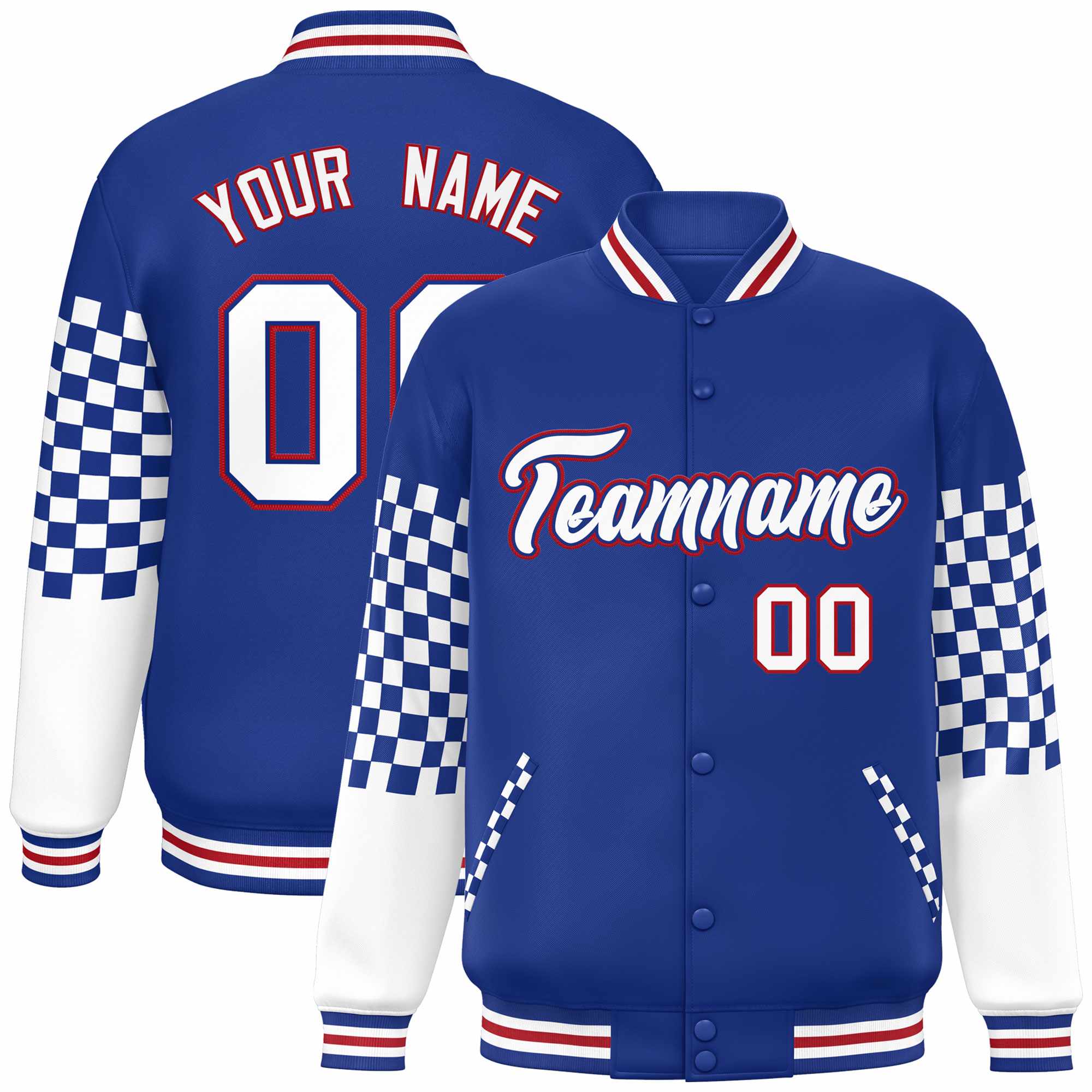 Custom Royal White-Red Checkered Pattern Color Block Bomber Varsity Jacket