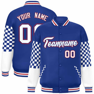 Custom Royal White-Red Checkered Pattern Color Block Bomber Varsity Jacket