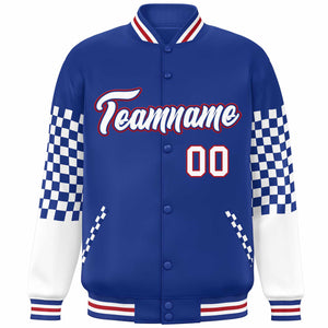 Custom Royal White-Red Checkered Pattern Color Block Bomber Varsity Jacket