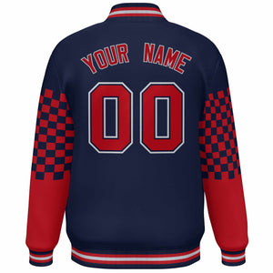 Custom Navy Red-Gray Checkered Pattern Color Block Bomber Varsity Jacket