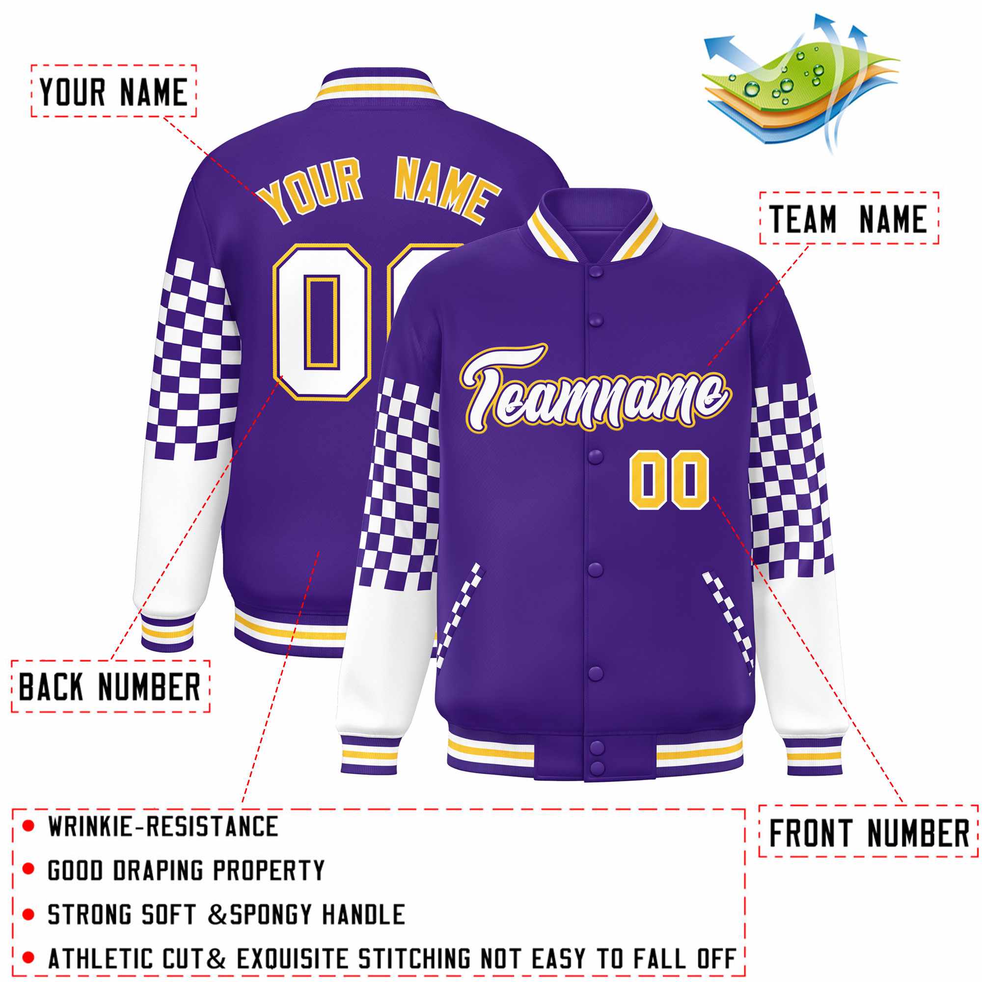 Custom Purple White-Gold Checkered Pattern Color Block Bomber Varsity Jacket