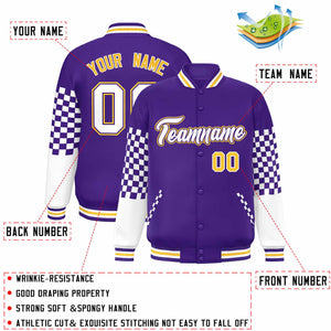 Custom Purple White-Gold Checkered Pattern Color Block Bomber Varsity Jacket