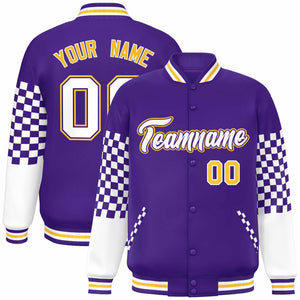 Custom Purple White-Gold Checkered Pattern Color Block Bomber Varsity Jacket