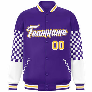 Custom Purple White-Gold Checkered Pattern Color Block Bomber Varsity Jacket