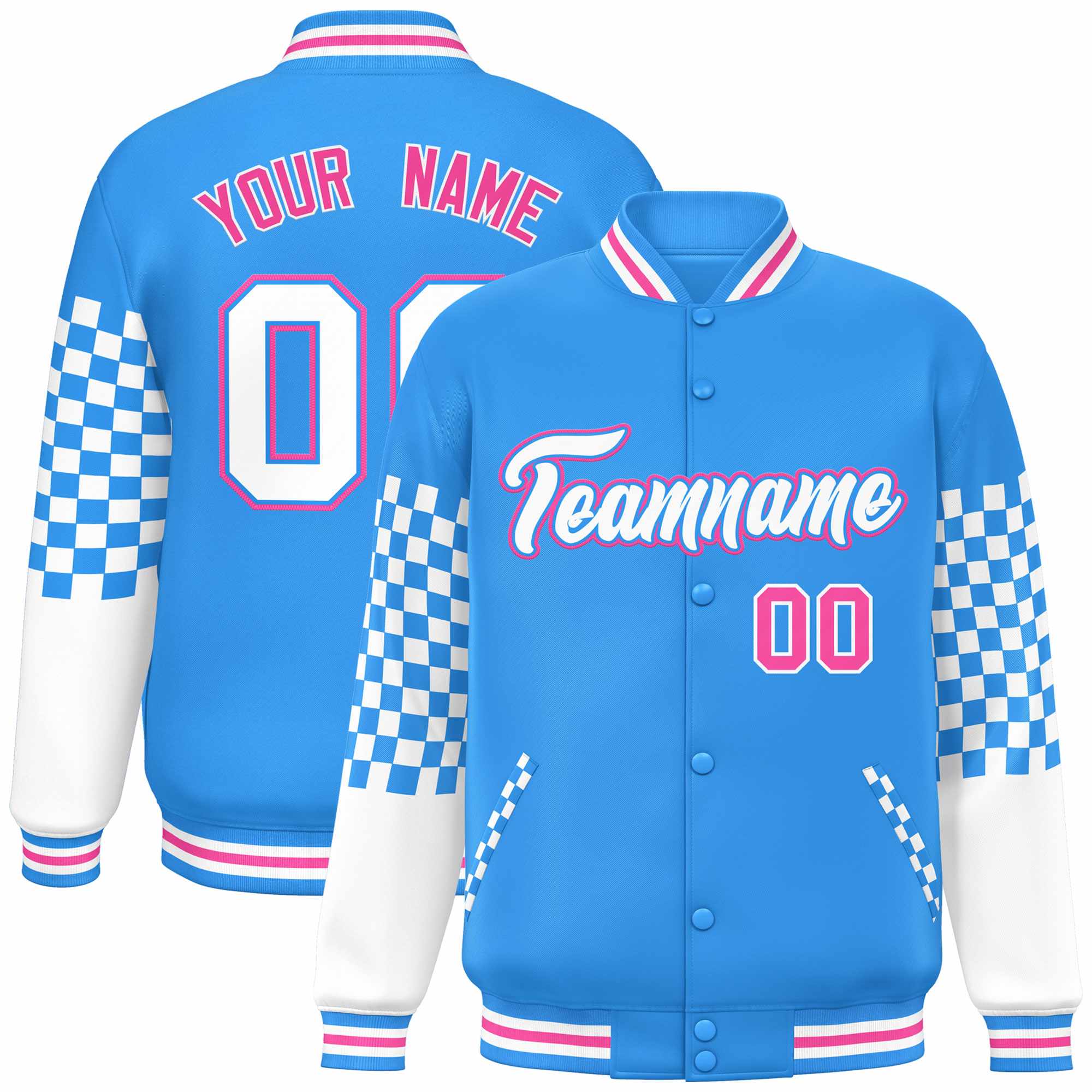 Custom Powder Blue White-Pink Checkered Pattern Color Block Bomber Varsity Jacket