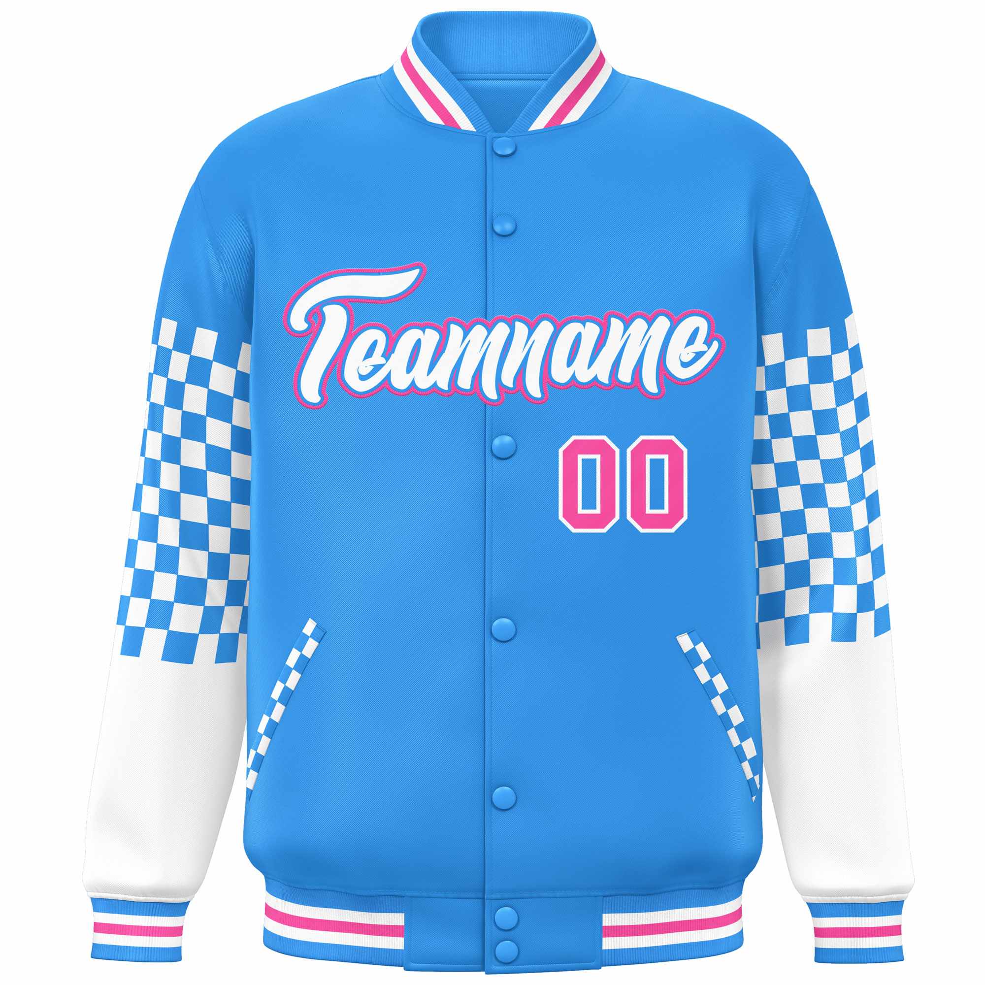 Custom Powder Blue White-Pink Checkered Pattern Color Block Bomber Varsity Jacket