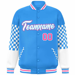 Custom Powder Blue White-Pink Checkered Pattern Color Block Bomber Varsity Jacket