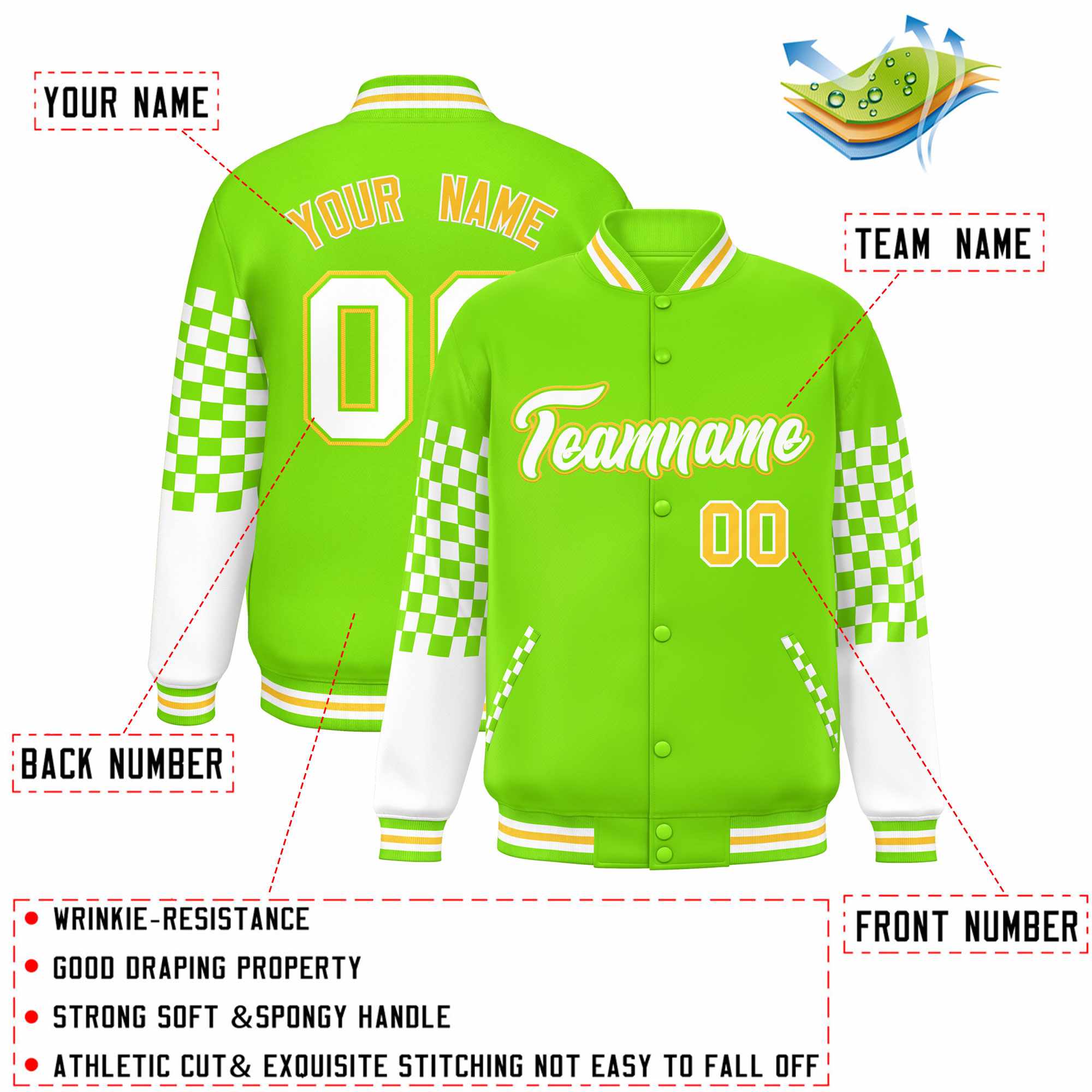 Custom Neon Green White-Gold Checkered Pattern Color Block Bomber Varsity Jacket