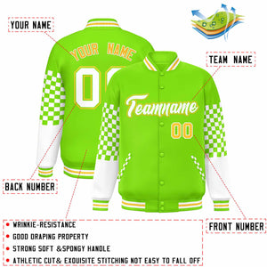 Custom Neon Green White-Gold Checkered Pattern Color Block Bomber Varsity Jacket