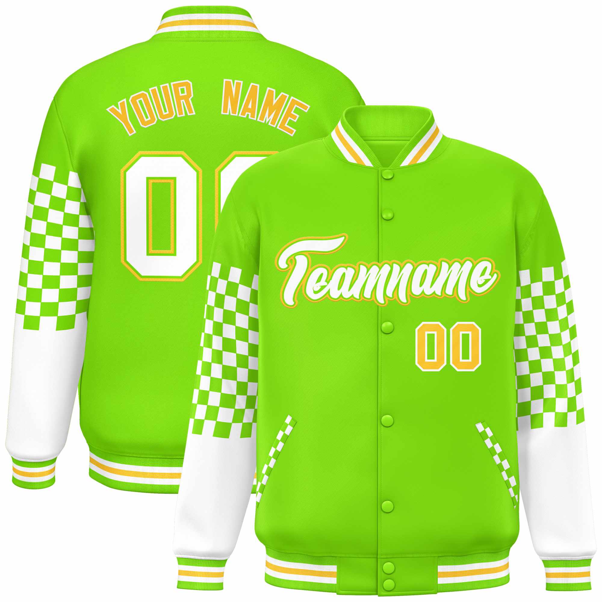 Custom Neon Green White-Gold Checkered Pattern Color Block Bomber Varsity Jacket