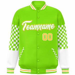 Custom Neon Green White-Gold Checkered Pattern Color Block Bomber Varsity Jacket