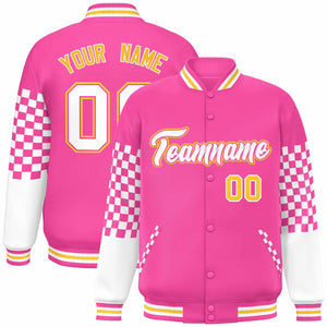 Custom Pink White-Gold Checkered Pattern Color Block Bomber Varsity Jacket