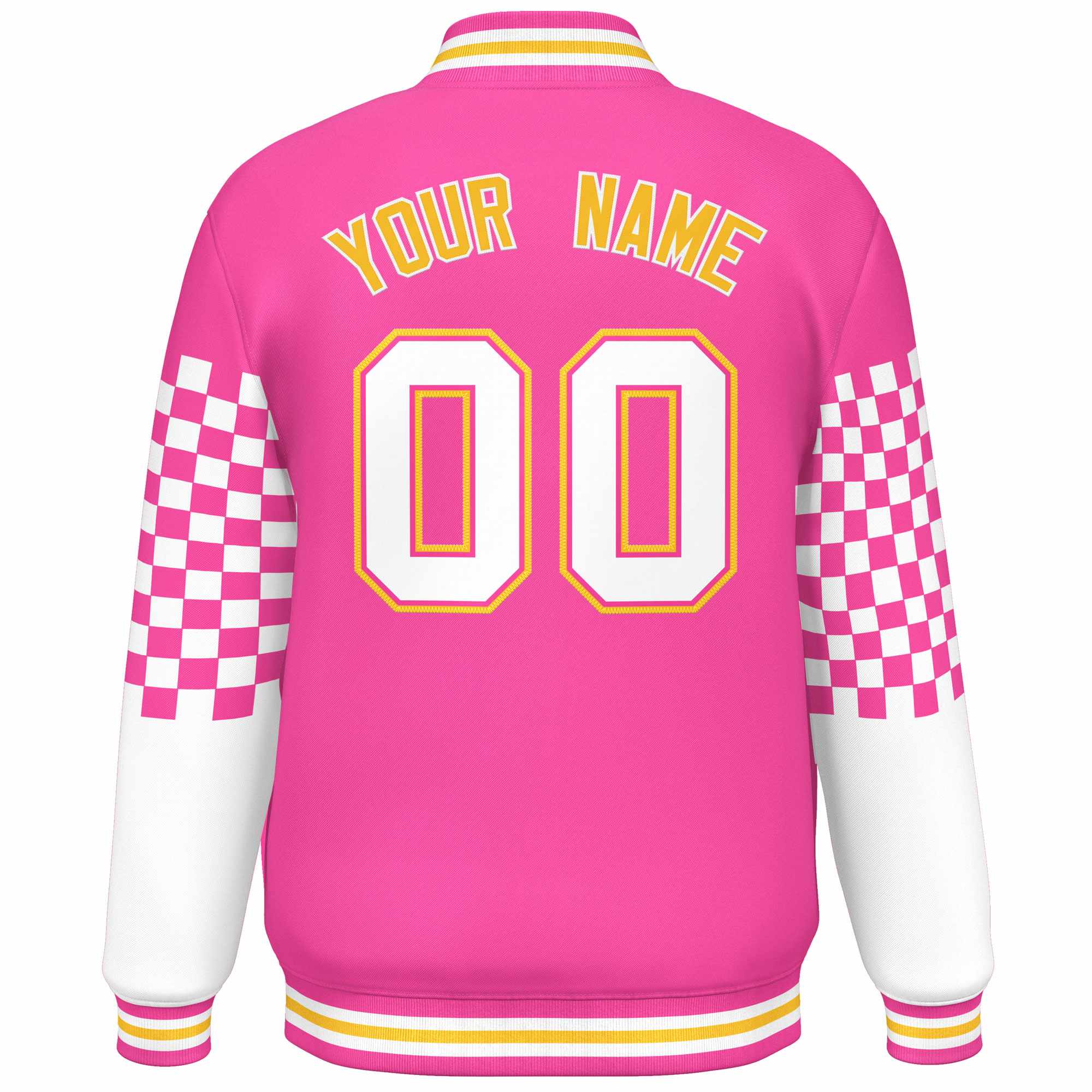 Custom Pink White-Gold Checkered Pattern Color Block Bomber Varsity Jacket