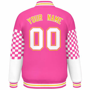 Custom Pink White-Gold Checkered Pattern Color Block Bomber Varsity Jacket