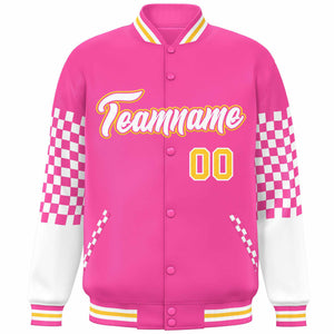 Custom Pink White-Gold Checkered Pattern Color Block Bomber Varsity Jacket