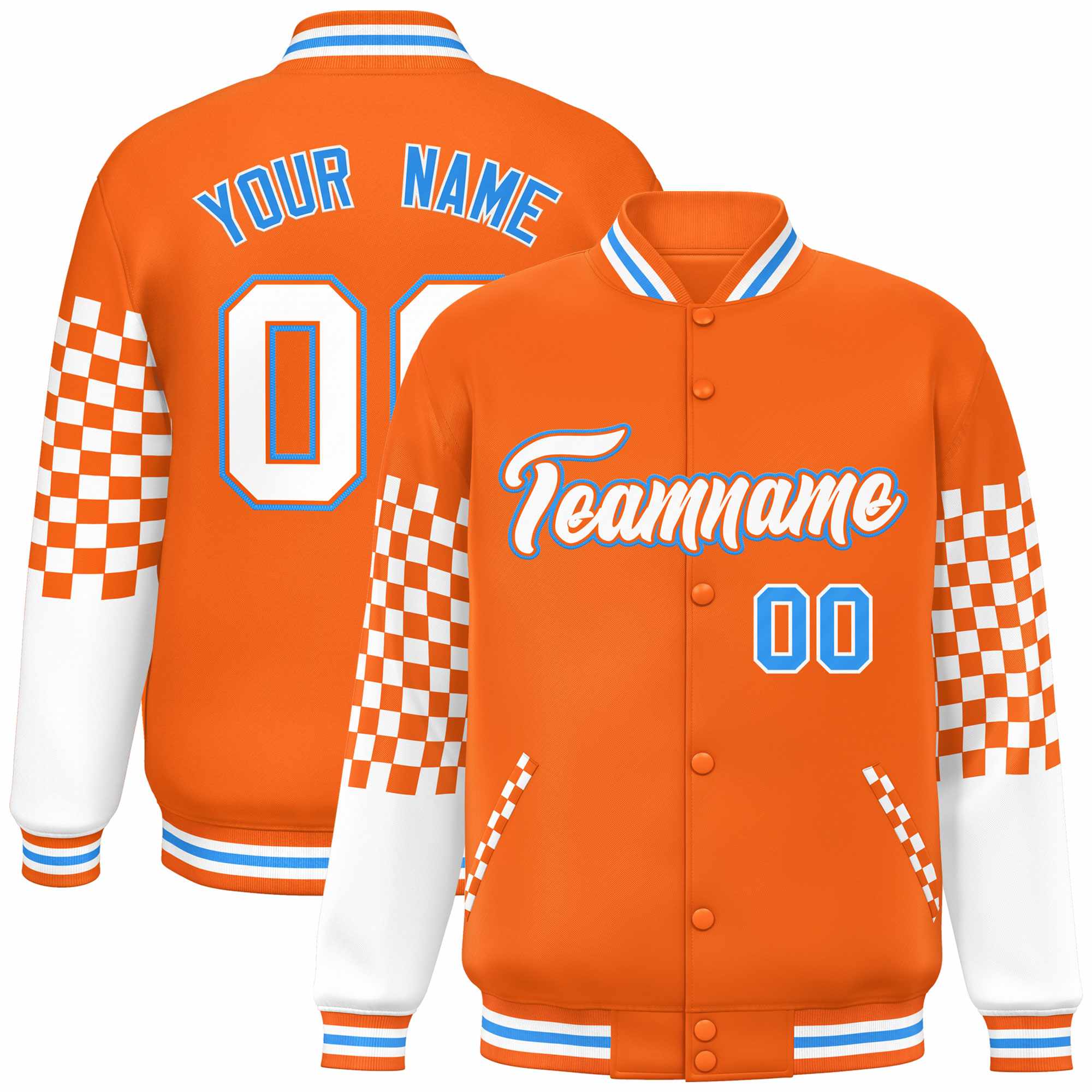 Custom Orange White-Powder Blue Checkered Pattern Color Block Bomber Varsity Jacket