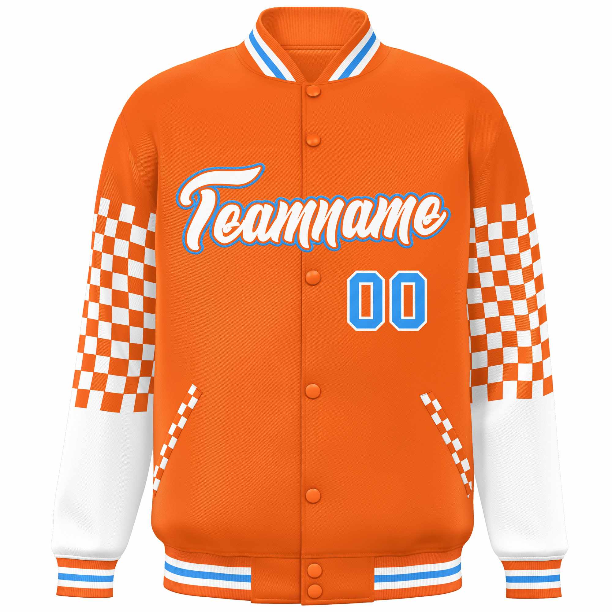 Custom Orange White-Powder Blue Checkered Pattern Color Block Bomber Varsity Jacket