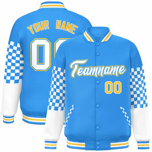 Custom Powder Blue White-Gold Checkered Pattern Color Block Bomber Varsity Jacket