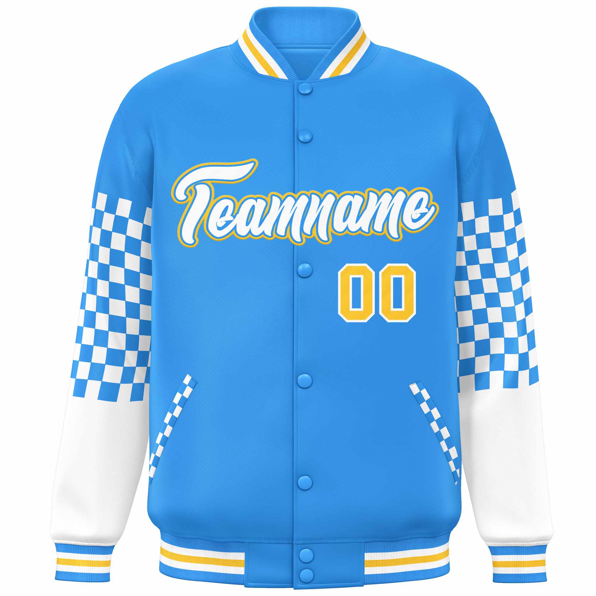 Custom Powder Blue White-Gold Checkered Pattern Color Block Bomber Varsity Jacket