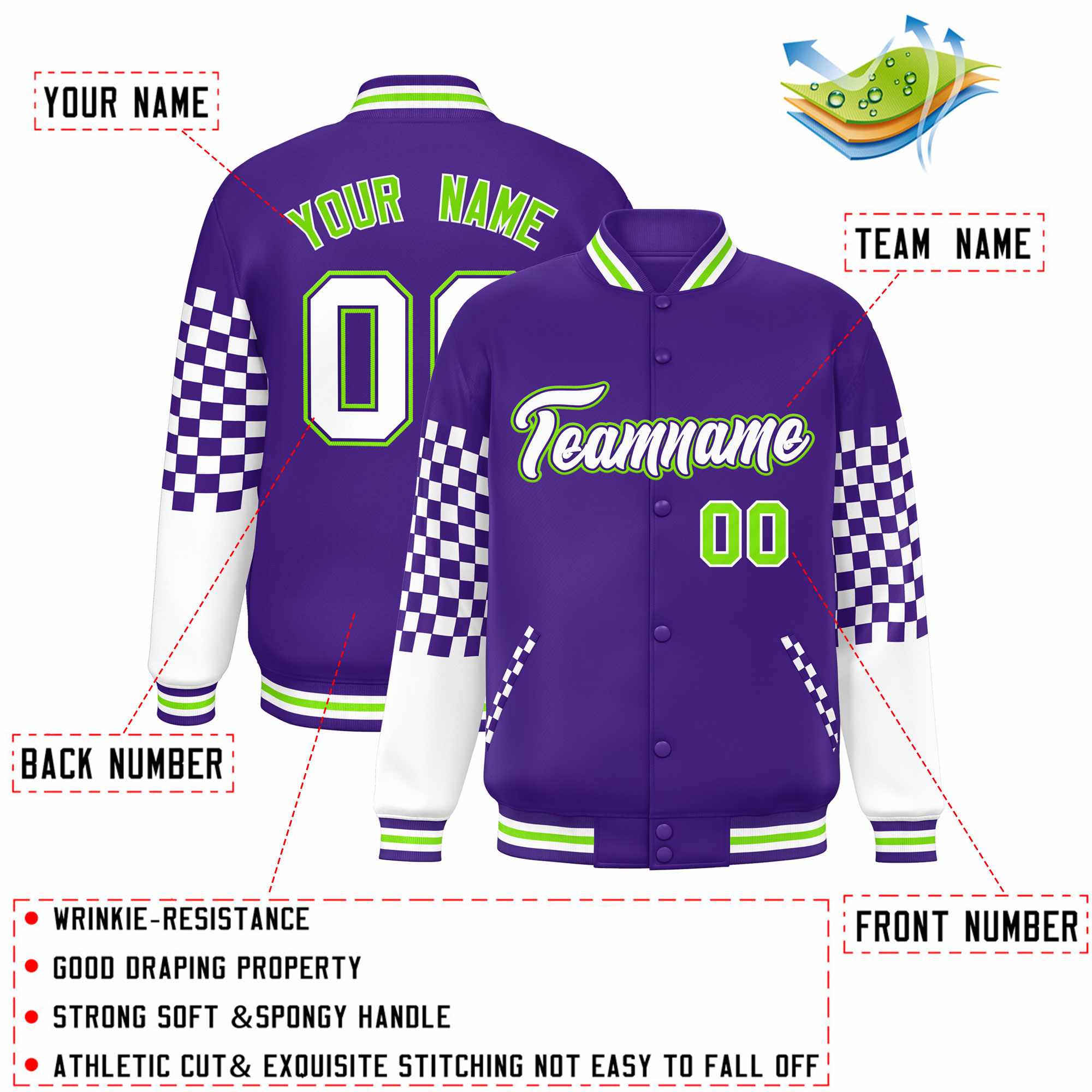 Custom Purple White-Neon Green Checkered Pattern Color Block Bomber Varsity Jacket