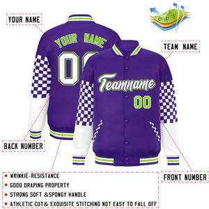 Custom Purple White-Neon Green Checkered Pattern Color Block Bomber Varsity Jacket