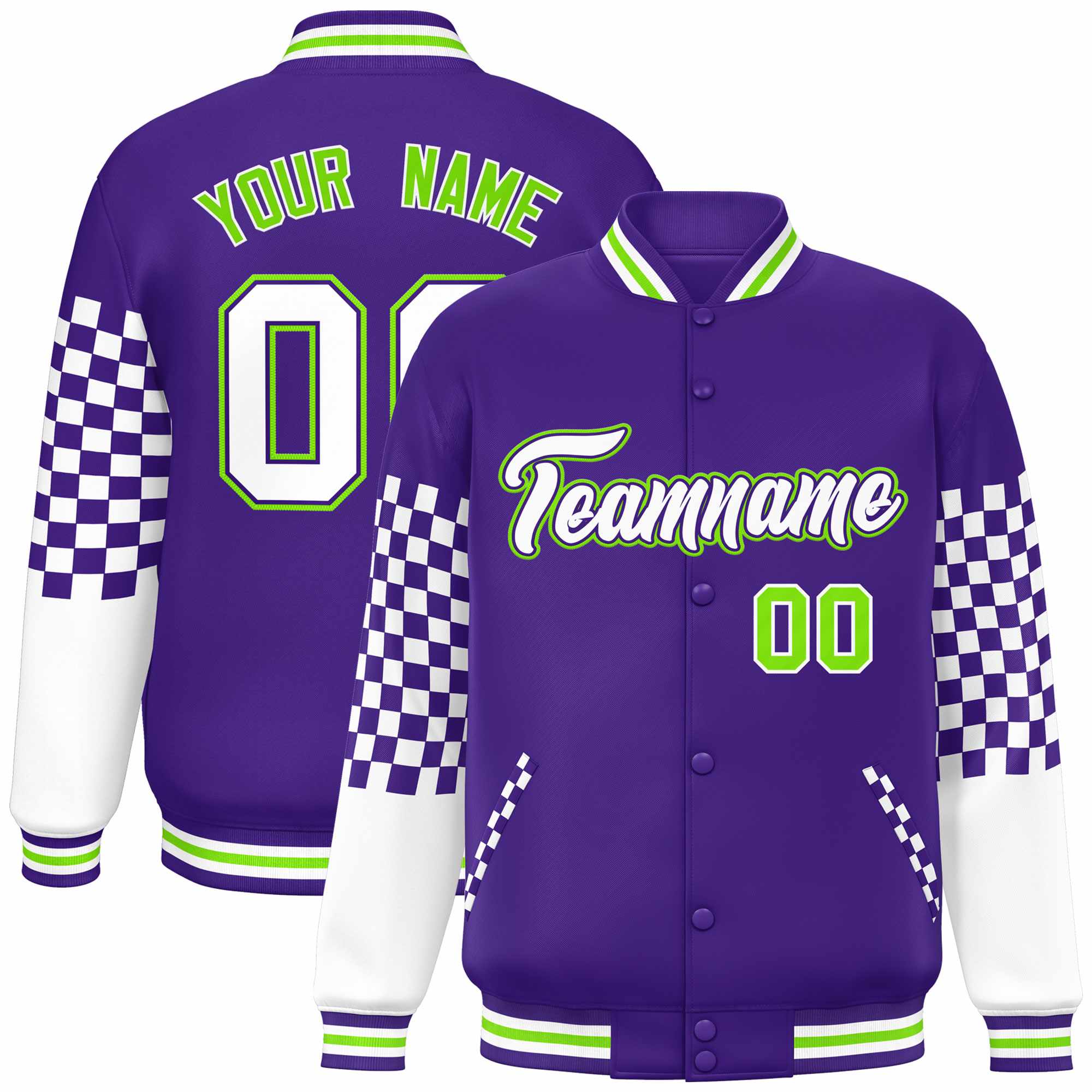 Custom Purple White-Neon Green Checkered Pattern Color Block Bomber Varsity Jacket