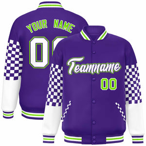 Custom Purple White-Neon Green Checkered Pattern Color Block Bomber Varsity Jacket