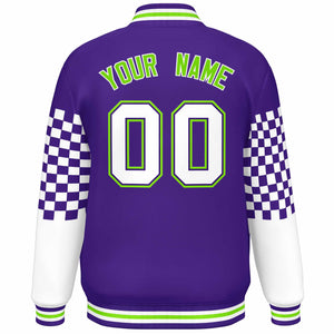 Custom Purple White-Neon Green Checkered Pattern Color Block Bomber Varsity Jacket