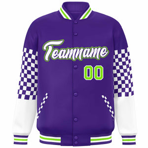 Custom Purple White-Neon Green Checkered Pattern Color Block Bomber Varsity Jacket