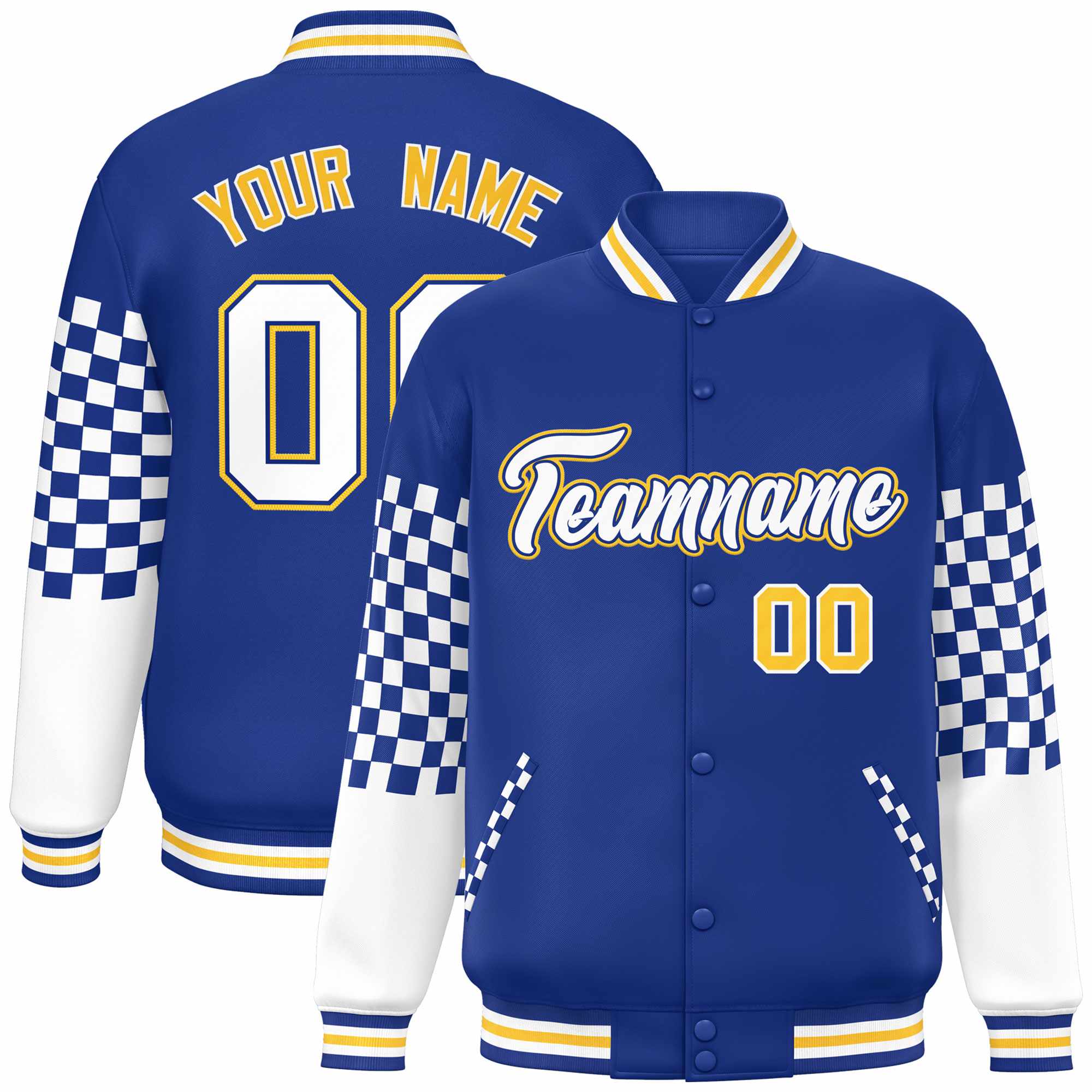 Custom Royal White-Gold Checkered Pattern Color Block Bomber Varsity Jacket