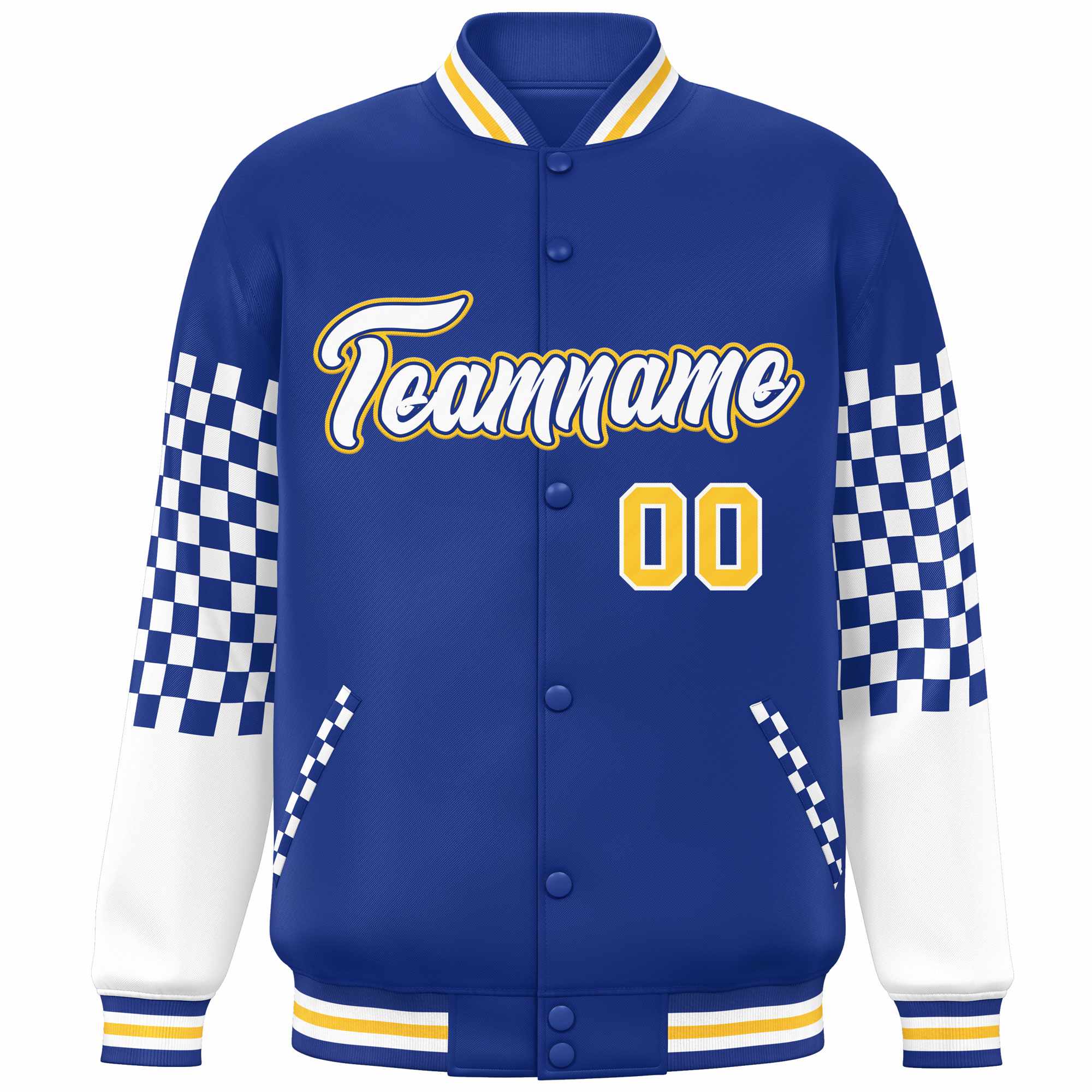 Custom Royal White-Gold Checkered Pattern Color Block Bomber Varsity Jacket