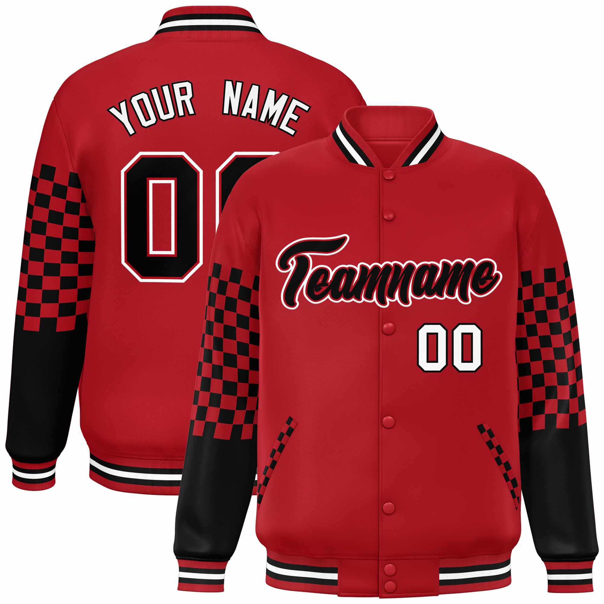 Custom Red Black-White Checkered Pattern Color Block Bomber Varsity Jacket