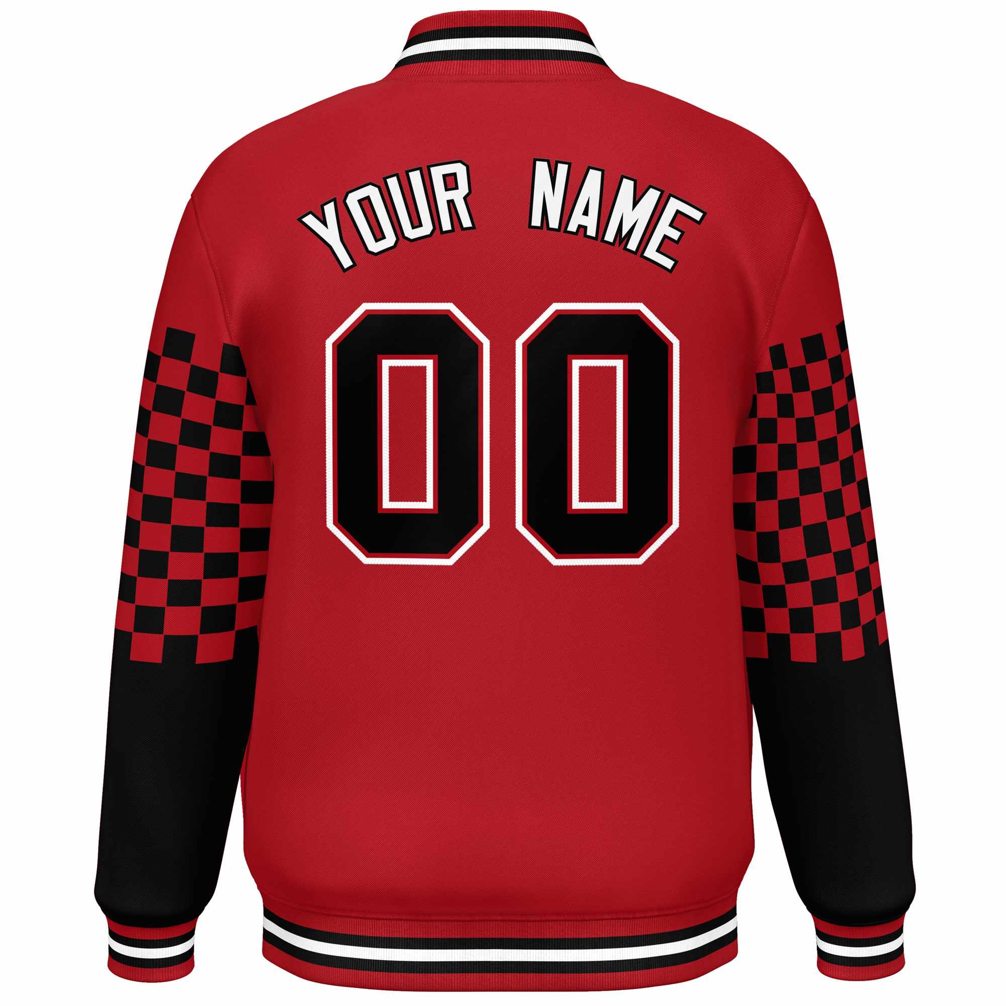 Custom Red Black-White Checkered Pattern Color Block Bomber Varsity Jacket