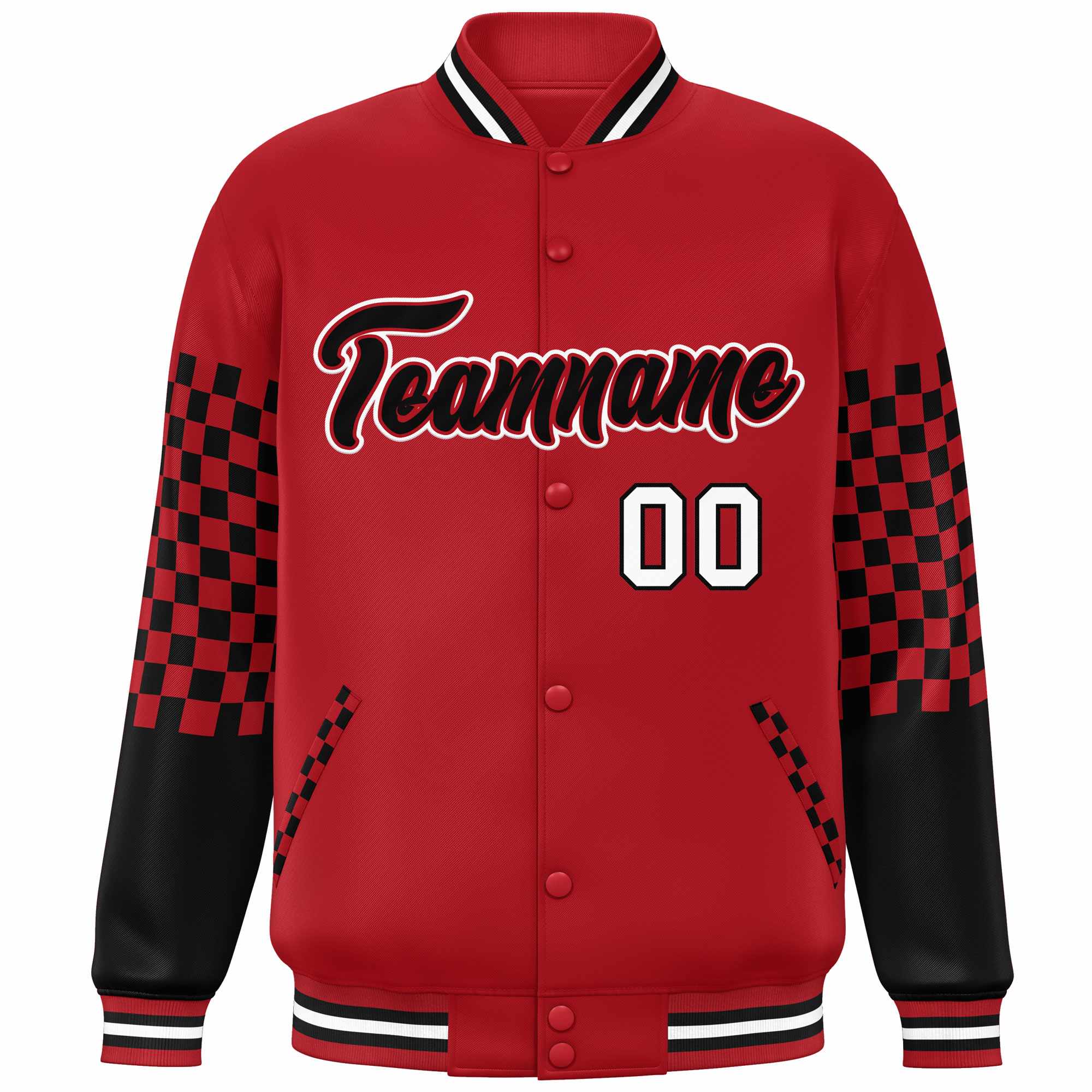 Custom Red Black-White Checkered Pattern Color Block Bomber Varsity Jacket