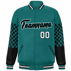 Custom Aqua Black-White Checkered Pattern Color Block Bomber Varsity Jacket