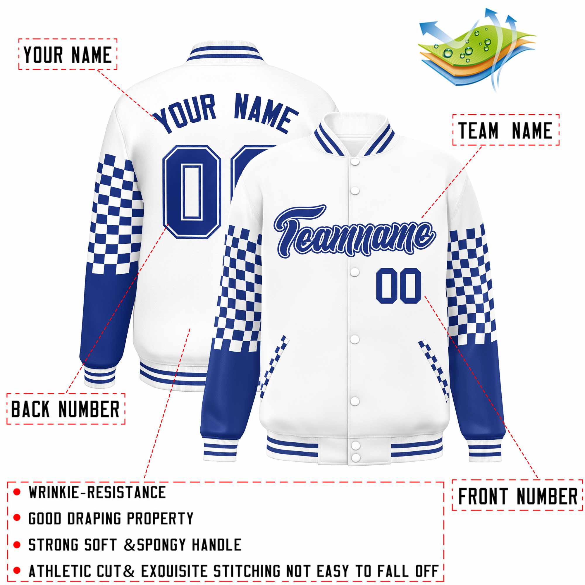 Custom White Royal Checkered Pattern Color Block Bomber Varsity Jacket