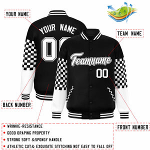 Custom Black White Checkered Pattern Color Block Bomber Varsity Jacket