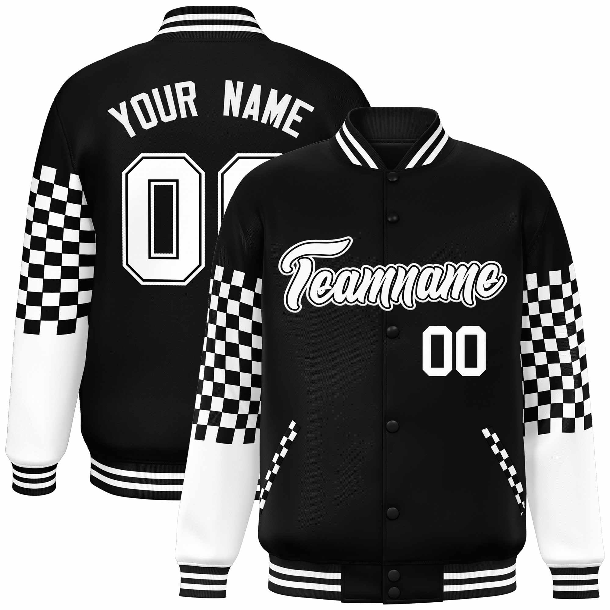 Custom Black White Checkered Pattern Color Block Bomber Varsity Jacket