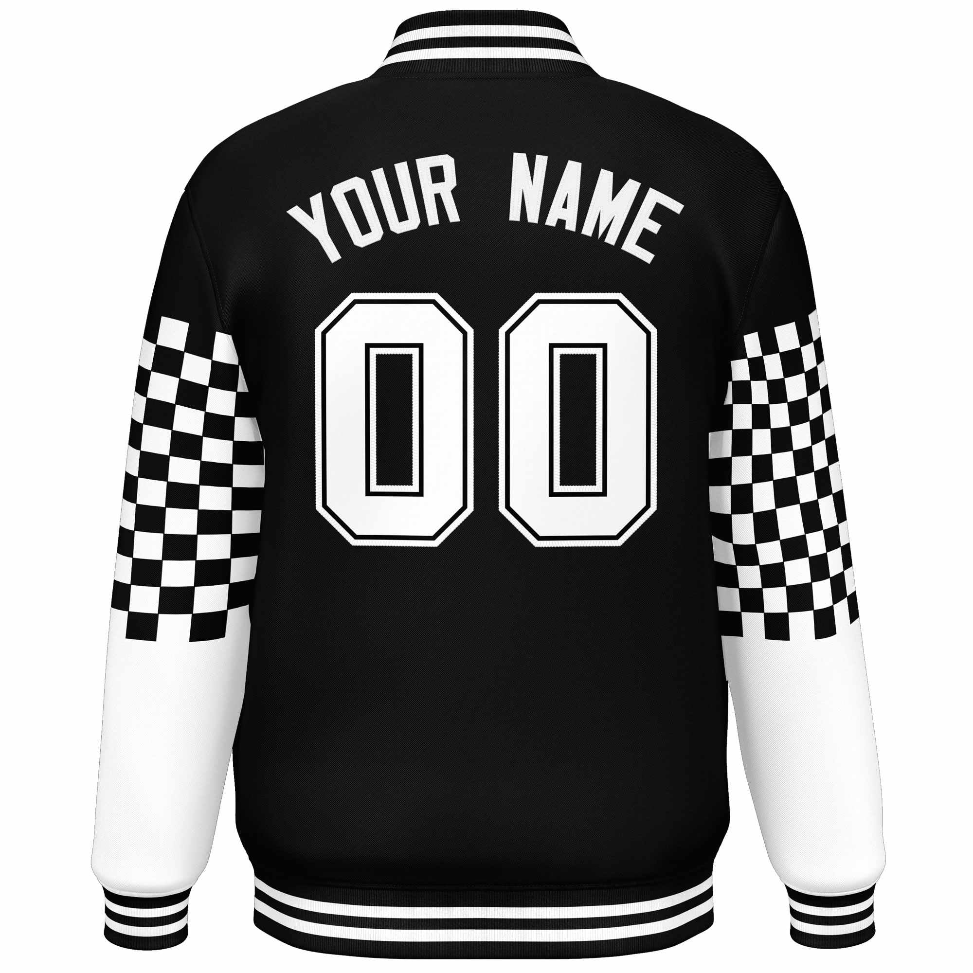 Custom Black White Checkered Pattern Color Block Bomber Varsity Jacket