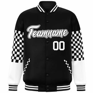 Custom Black White Checkered Pattern Color Block Bomber Varsity Jacket