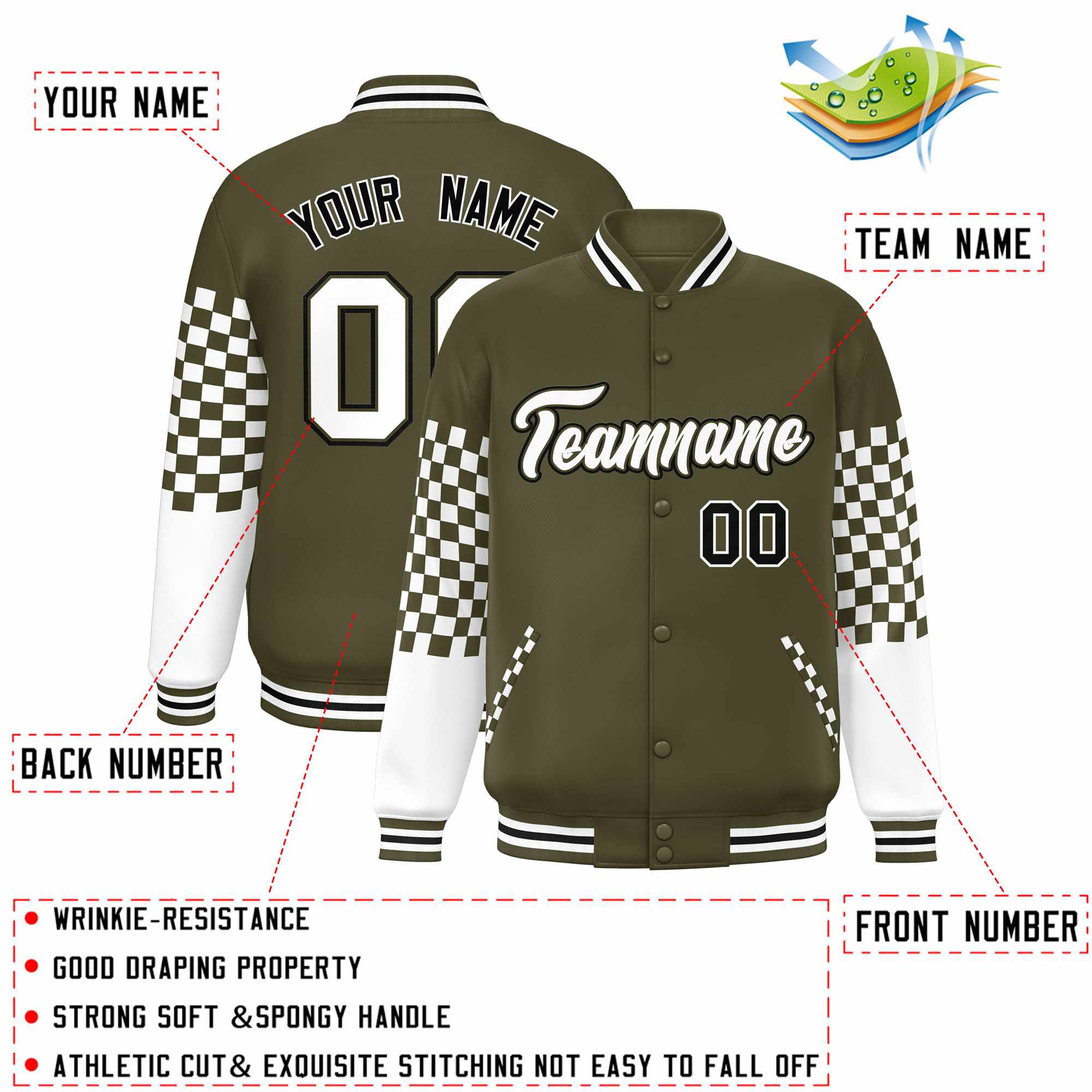 Custom Olive White-Black Checkered Pattern Color Block Bomber Varsity Jacket