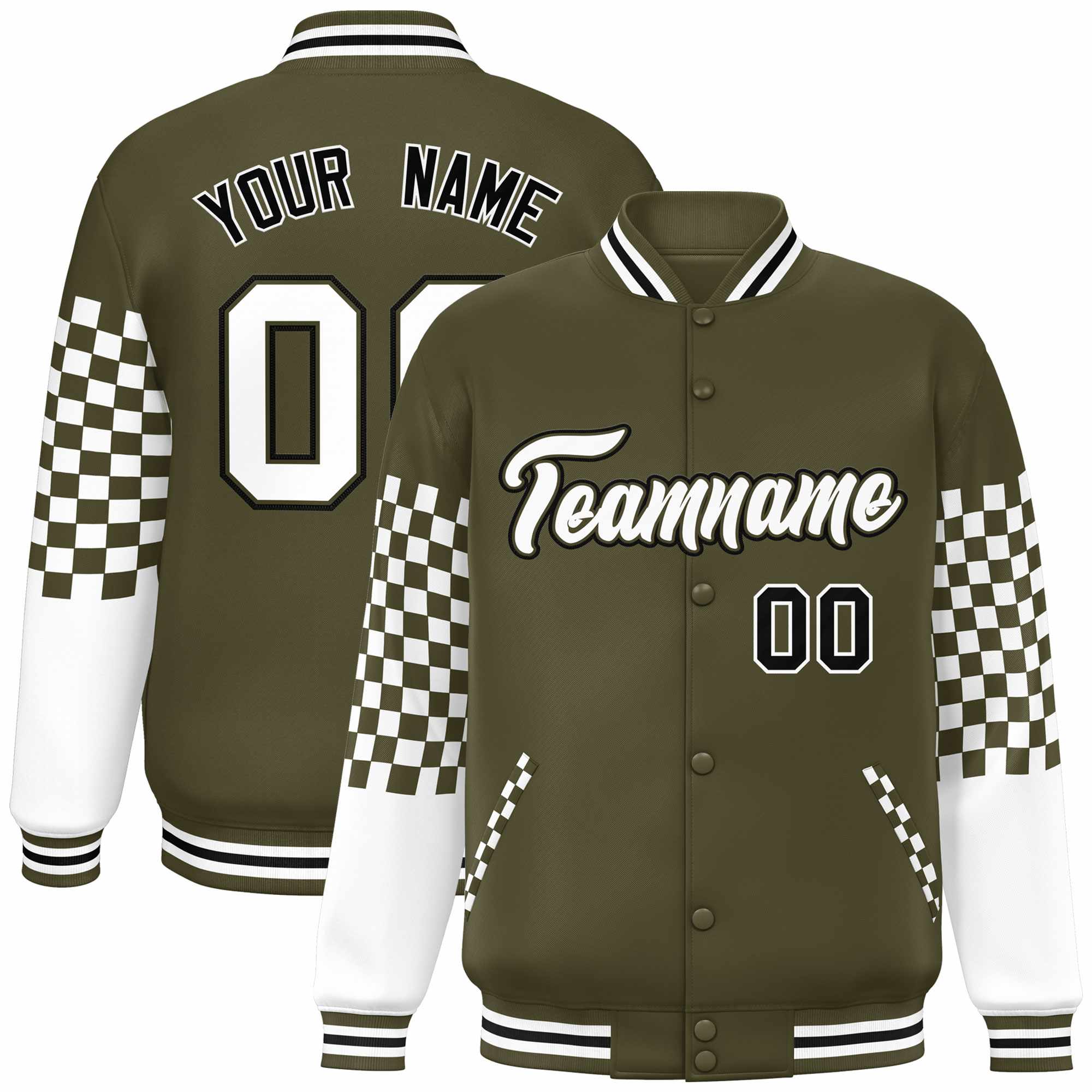 Custom Olive White-Black Checkered Pattern Color Block Bomber Varsity Jacket