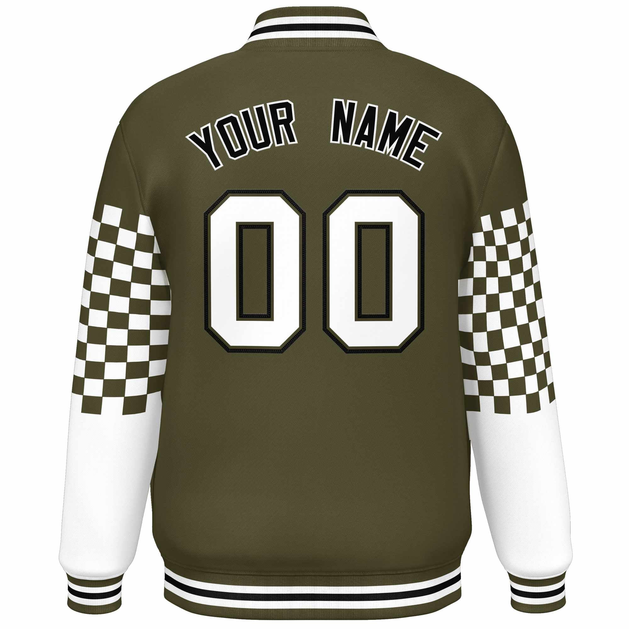 Custom Olive White-Black Checkered Pattern Color Block Bomber Varsity Jacket