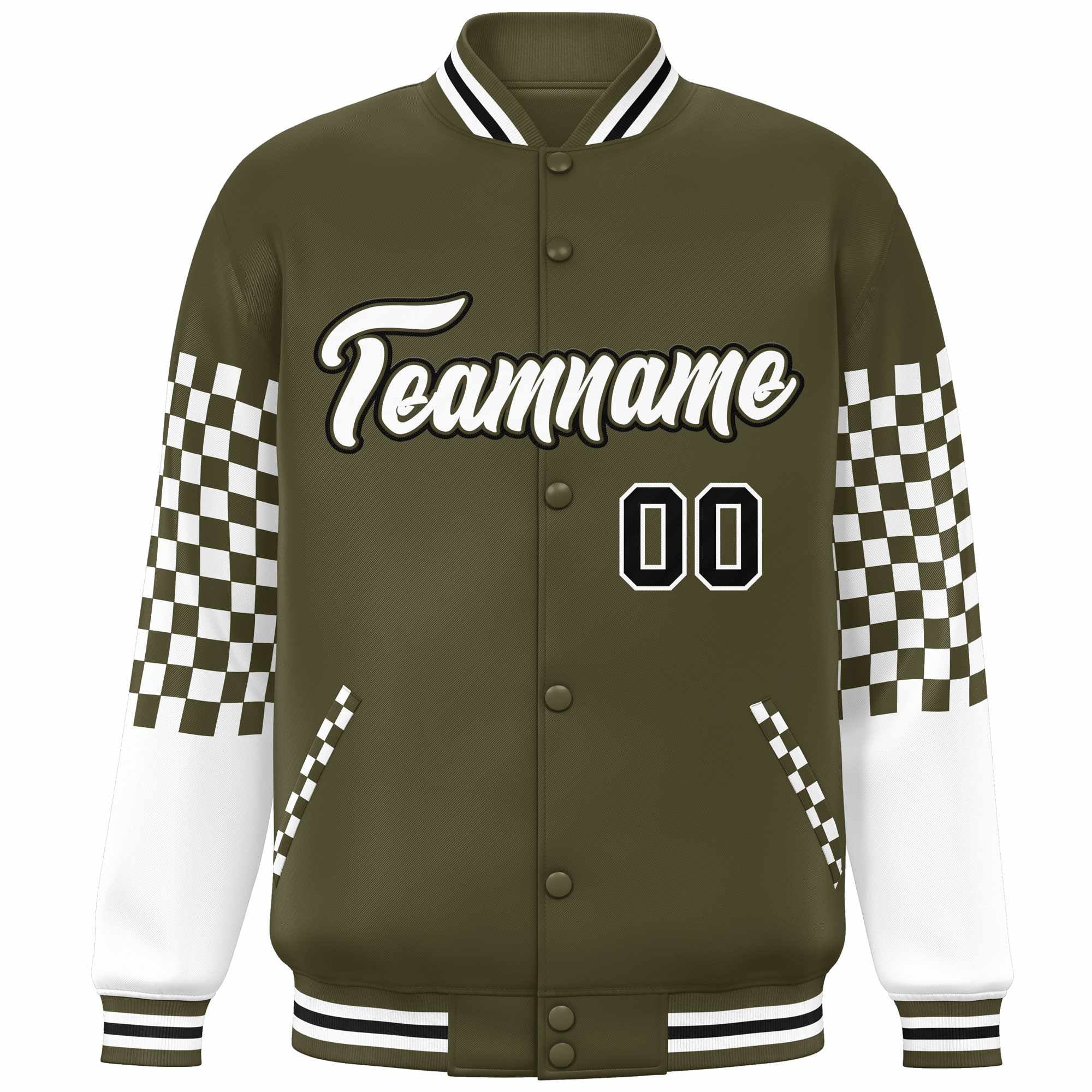 Custom Olive White-Black Checkered Pattern Color Block Bomber Varsity Jacket